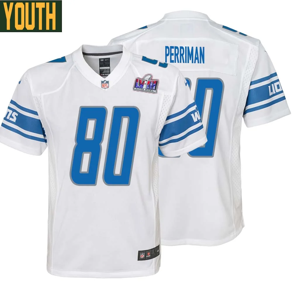 Brett Perriman No 80 Youths Custom White Detroit Lions Super Bowl LVIII Away Game Jersey