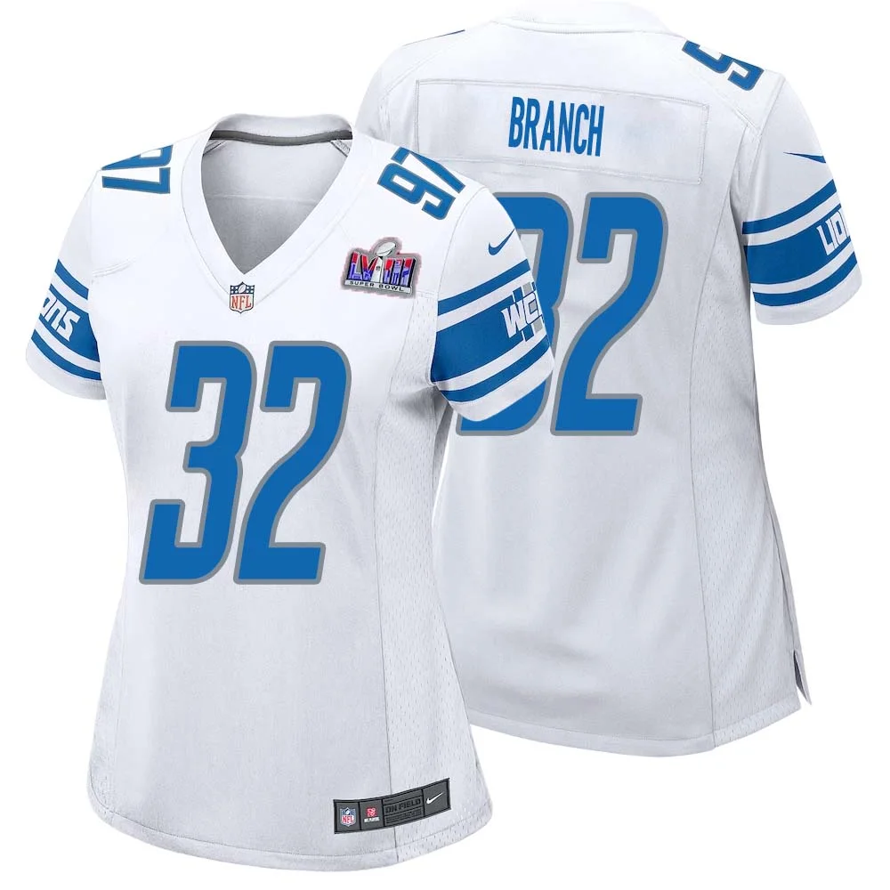 Brian Branch No 32 Womens Custom White Detroit Lions Super Bowl LVIII Away Game Jersey