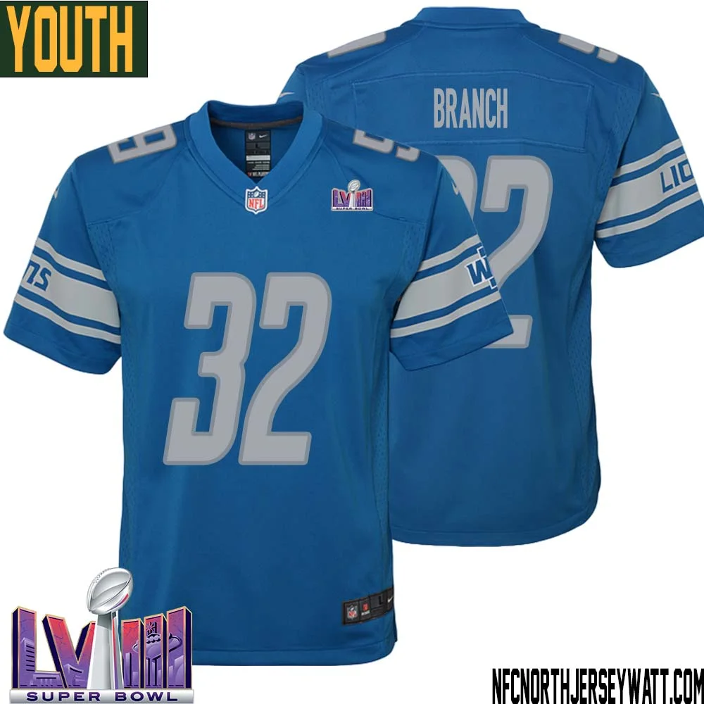 Brian Branch No 32 Youth Blue Detroit Lions Player Super Bowl LVIII Home Game Jersey 1