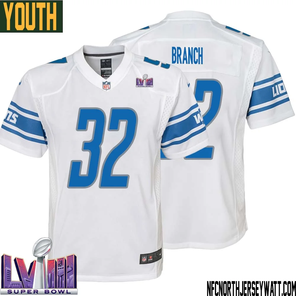 Brian Branch No 32 Youth White Detroit Lions Player Super Bowl LVIII Away Game Jersey