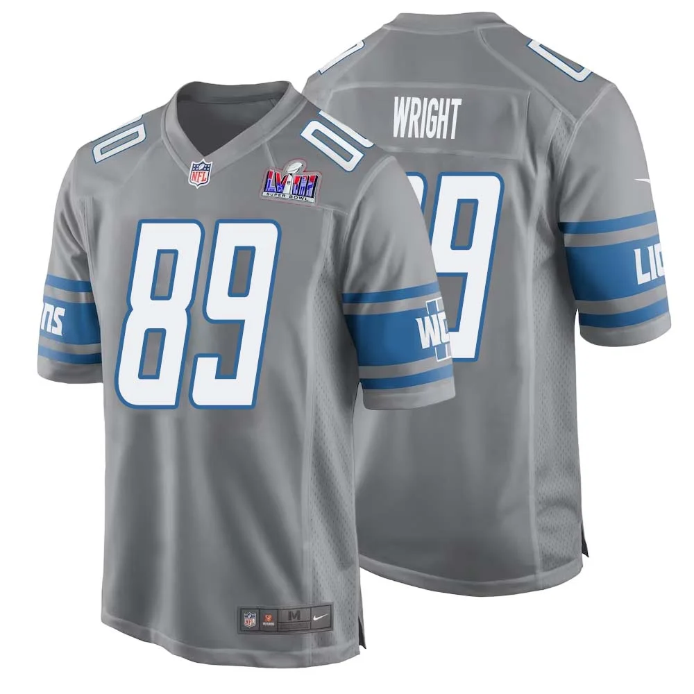 Brock Wright No 89 Mens Custom Gray Detroit Lions Alternate Super Bowl LVIII Game Jersey