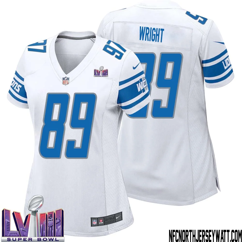Brock Wright No 89 Women White Detroit Lions Player Super Bowl LVIII Away Game Jersey 1