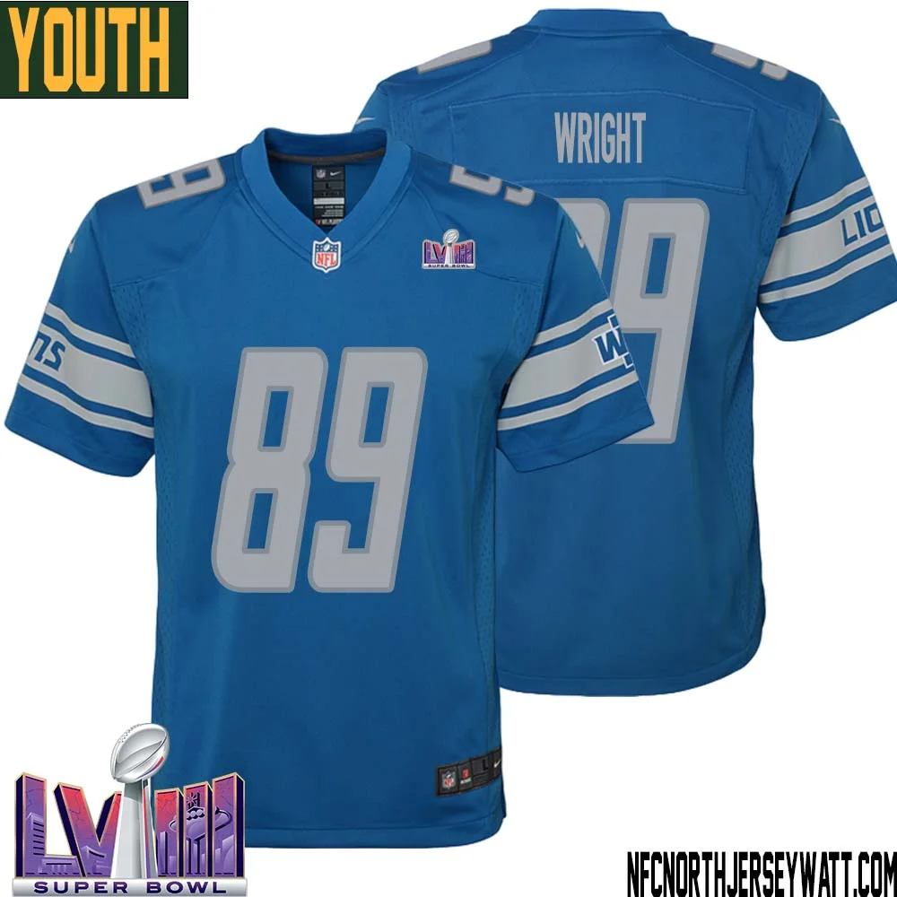 Brock Wright No 89 Youth Blue Detroit Lions Player Super Bowl LVIII Home Game Jersey 1