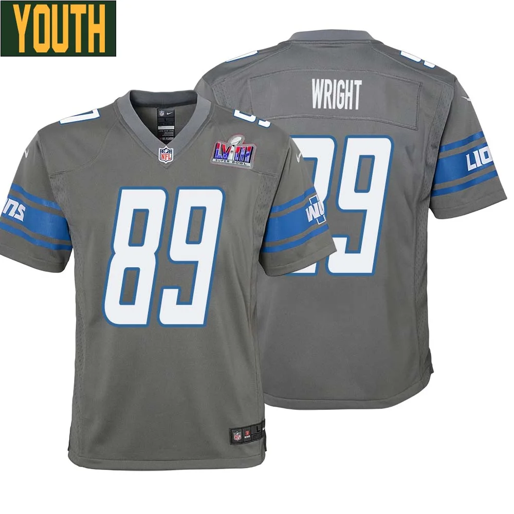 Brock Wright No 89 Youths Custom Gray Detroit Lions Alternate Super Bowl LVIII Game Jersey