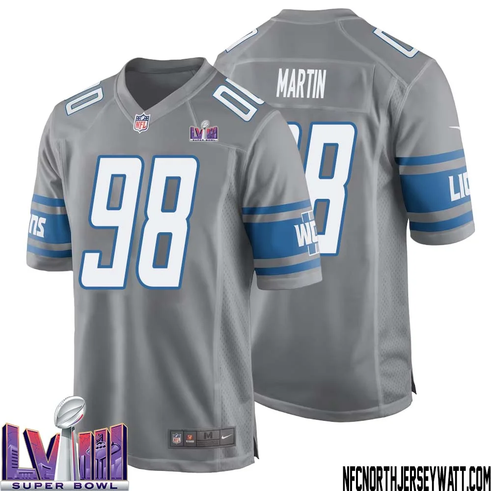 Brodric Martin No 98 Men Grey Detroit Lions Player Super Bowl LVIII Alternate Game Jersey