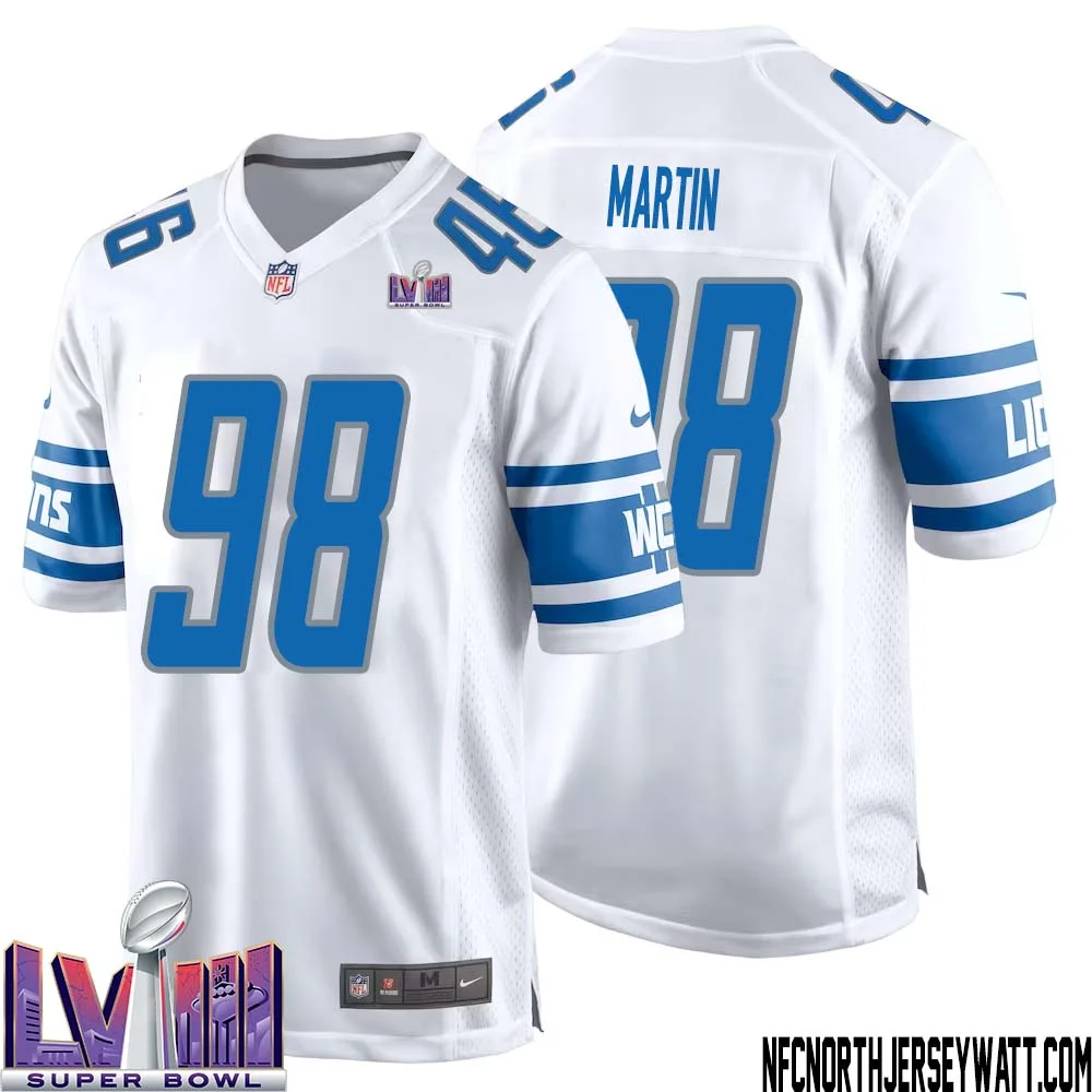 Brodric Martin No 98 Men White Detroit Lions Player Super Bowl LVIII Away Game Jersey 1