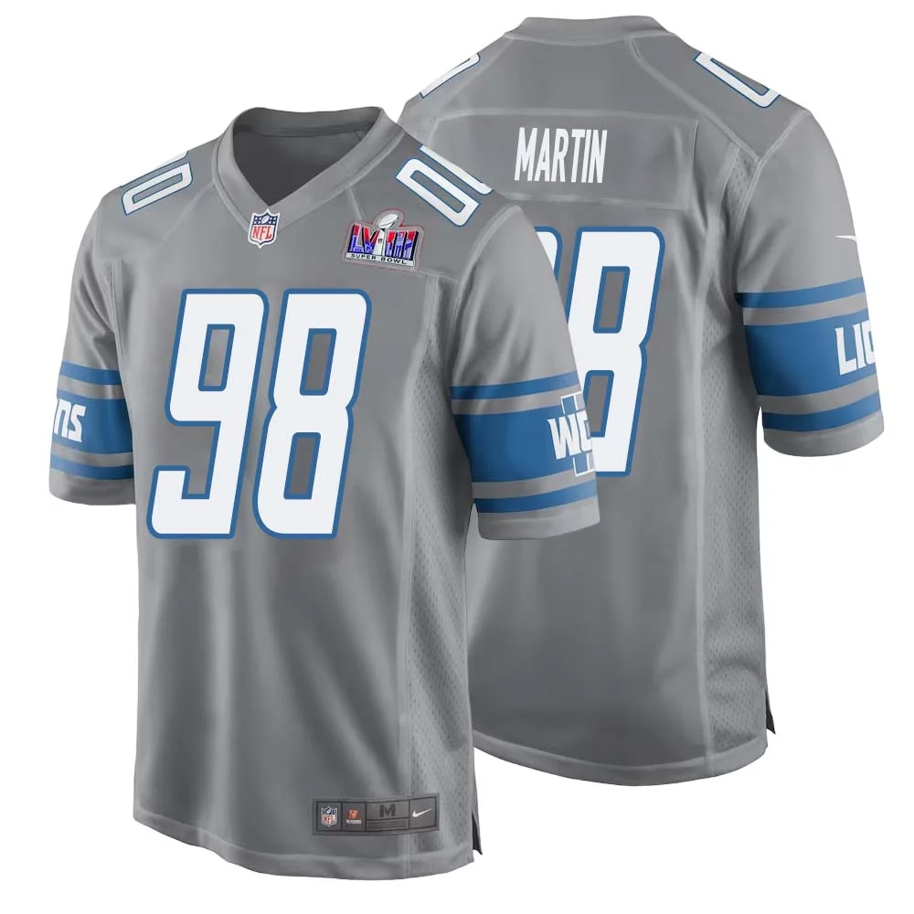 Brodric Martin No 98 Mens Custom Gray Detroit Lions Alternate Super Bowl LVIII Game Jersey