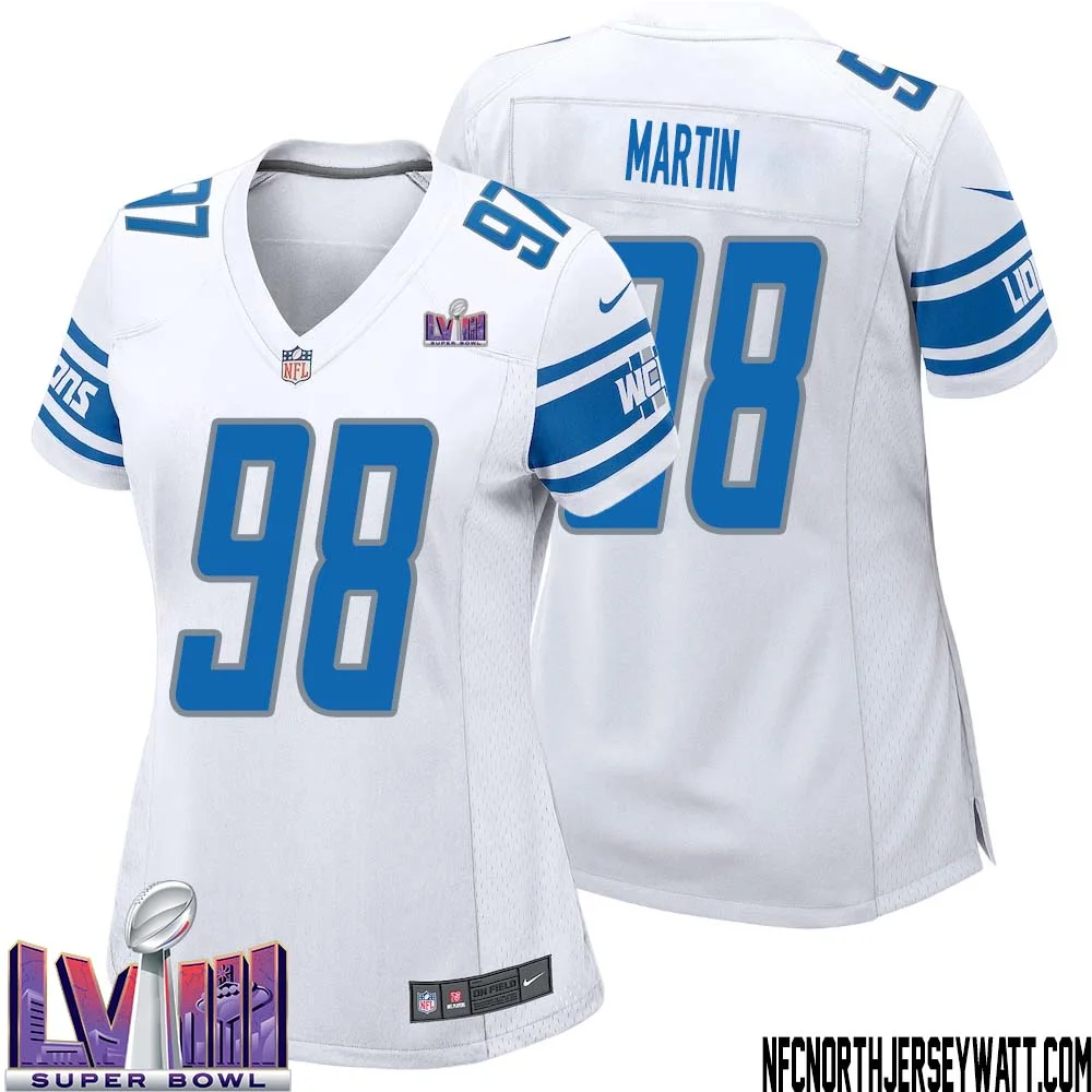 Brodric Martin No 98 Women White Detroit Lions Player Super Bowl LVIII Away Game Jersey