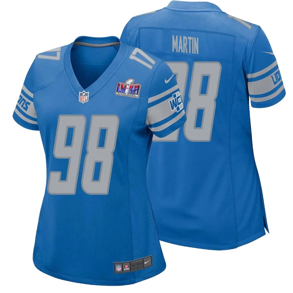 Brodric Martin No 98 Womens Custom Blue Detroit Lions Super Bowl LVIII Player Home Game Jersey