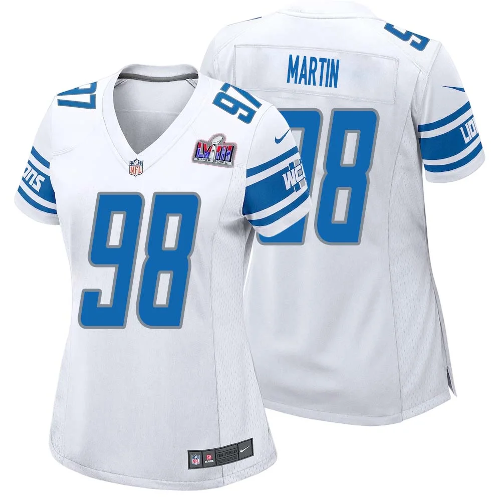 Brodric Martin No 98 Womens Custom White Detroit Lions Super Bowl LVIII Away Game Jersey