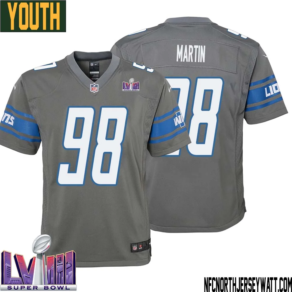 Brodric Martin No 98 Youth Grey Detroit Lions Player Super Bowl LVIII Alternate Game Jersey 1