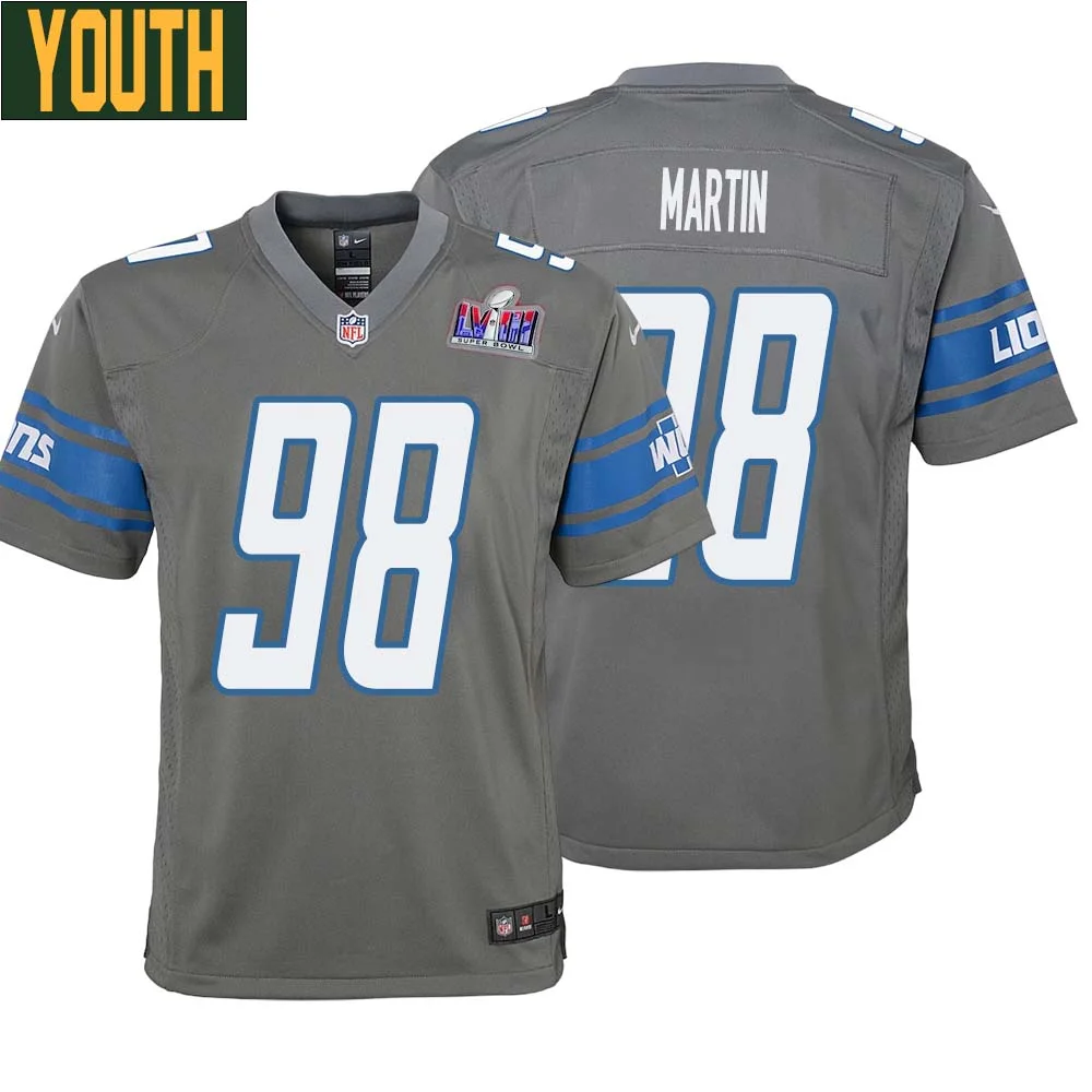 Brodric Martin No 98 Youths Custom Gray Detroit Lions Alternate Super Bowl LVIII Game Jersey