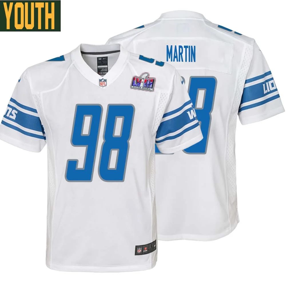 Brodric Martin No 98 Youths Custom White Detroit Lions Super Bowl LVIII Away Game Jersey