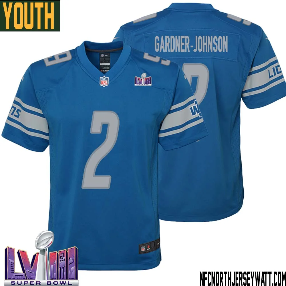 C.J. Gardner Johnson No 2 Youth Blue Detroit Lions Player Super Bowl LVIII Home Game Jersey 1