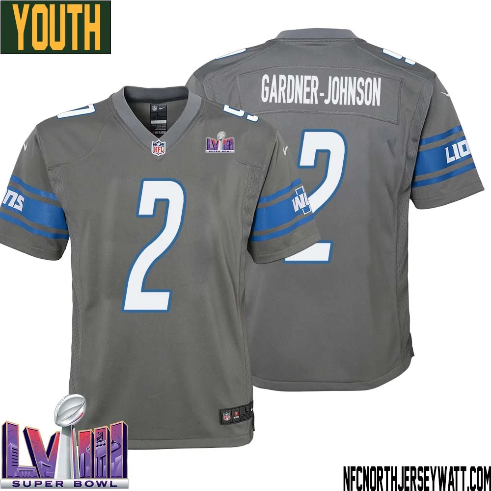 C.J. Gardner Johnson No 2 Youth Grey Detroit Lions Player Super Bowl LVIII Alternate Game Jersey 1