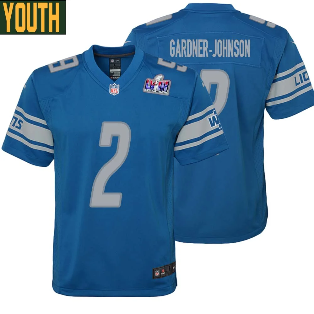 C.J. Gardner Johnson No 2 Youths Custom Blue Detroit Lions Super Bowl LVIII Player Home Game Jersey