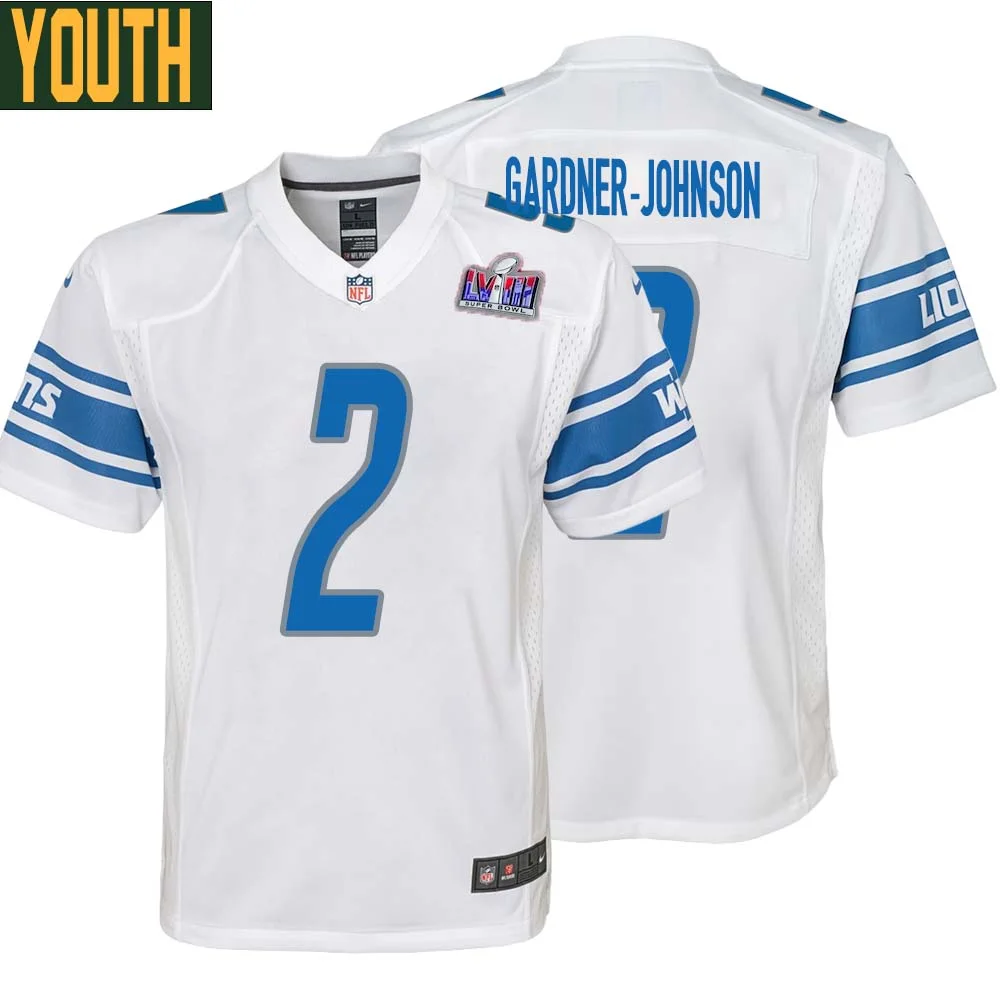 C.J. Gardner Johnson No 2 Youths Custom White Detroit Lions Super Bowl LVIII Away Game Jersey