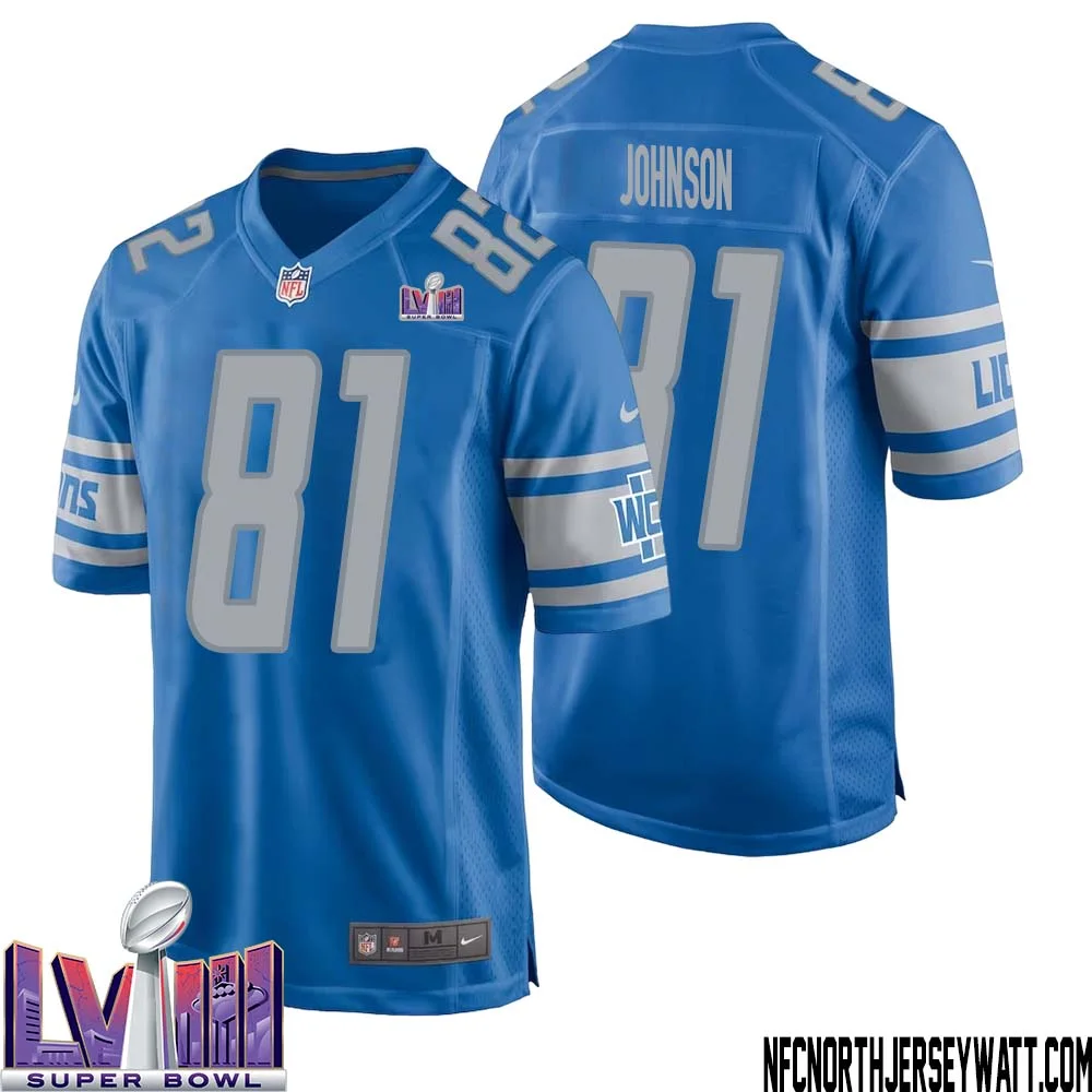 Calvin Johnson No 81 Men Blue Detroit Lions Player Super Bowl LVIII Home Game Jersey