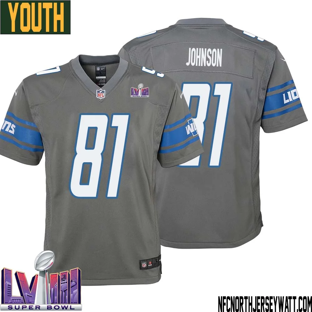 Calvin Johnson No 81 Youth Grey Detroit Lions Player Super Bowl LVIII Alternate Game Jersey