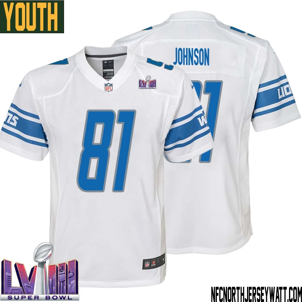 Calvin Johnson No 81 Youth White Detroit Lions Player Super Bowl LVIII Away Game Jersey