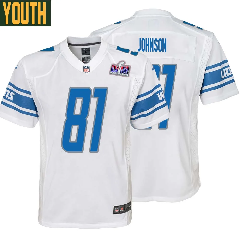 Calvin Johnson No 81 Youths Custom White Detroit Lions Super Bowl LVIII Away Game Jersey