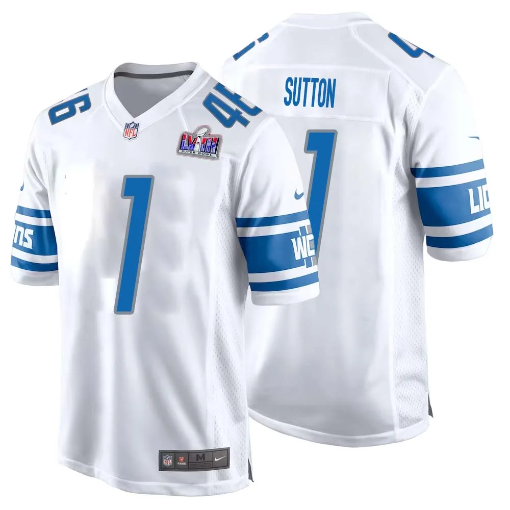 Cameron Sutton No 1 Mens Custom White Detroit Lions Super Bowl LVIII Away Game Jersey