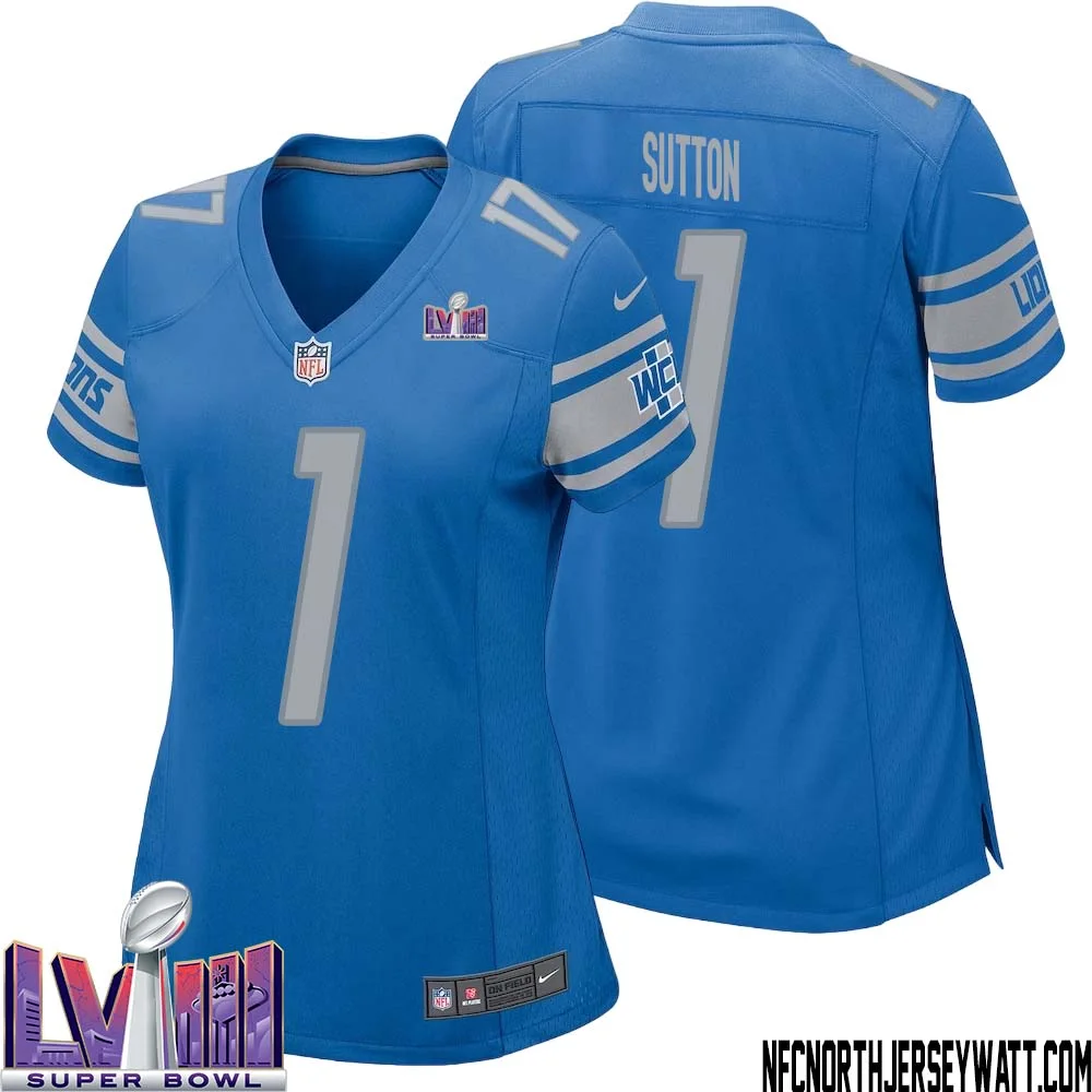 Cameron Sutton No 1 Women Blue Detroit Lions Player Super Bowl LVIII Home Game Jersey