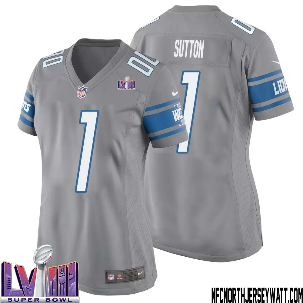 Cameron Sutton No 1 Women Grey Detroit Lions Player Super Bowl LVIII Alternate Game Jersey 1