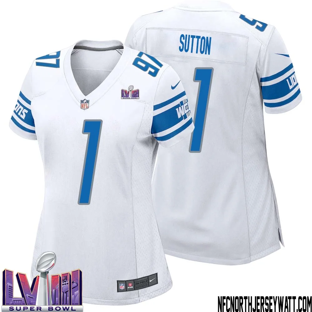 Cameron Sutton No 1 Women White Detroit Lions Player Super Bowl LVIII Away Game Jersey 1