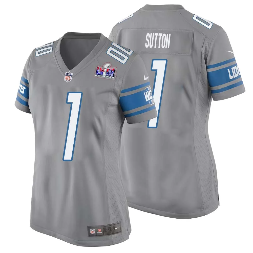 Cameron Sutton No 1 Womens Custom Gray Detroit Lions Alternate Super Bowl LVIII Game Jersey