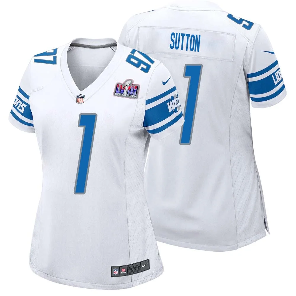 Cameron Sutton No 1 Womens Custom White Detroit Lions Super Bowl LVIII Away Game Jersey