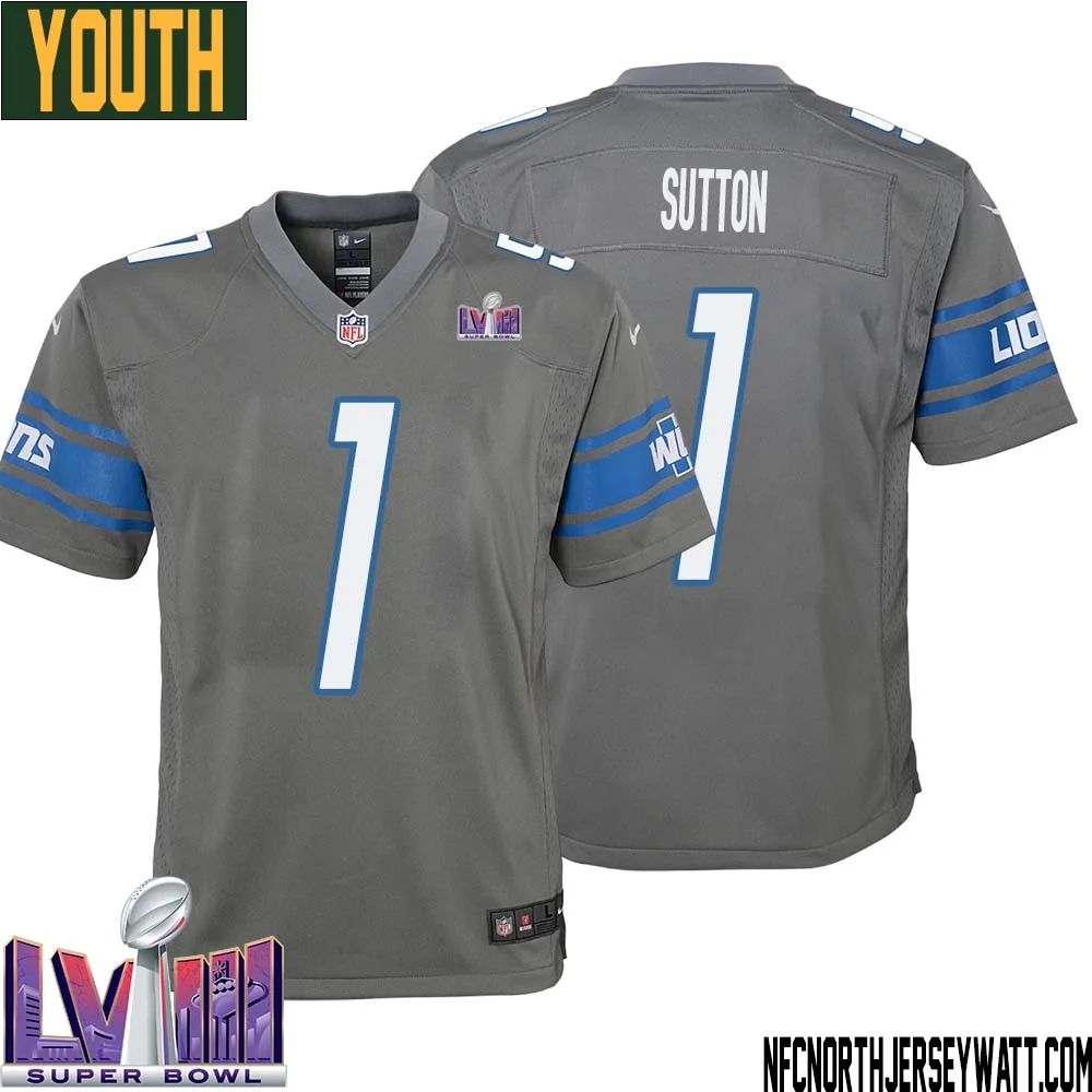 Cameron Sutton No 1 Youth Grey Detroit Lions Player Super Bowl LVIII Alternate Game Jersey 1