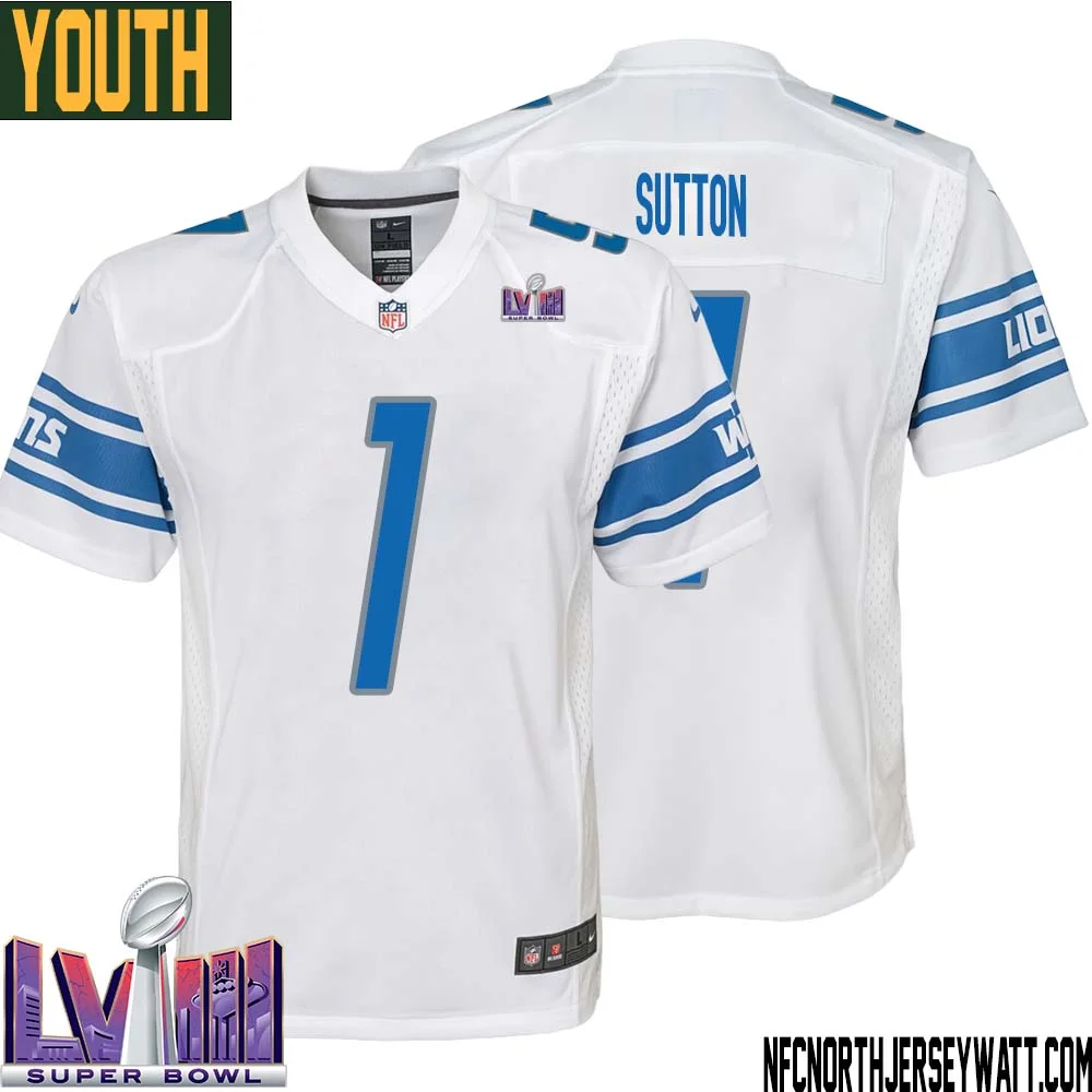 Cameron Sutton No 1 Youth White Detroit Lions Player Super Bowl LVIII Away Game Jersey 1