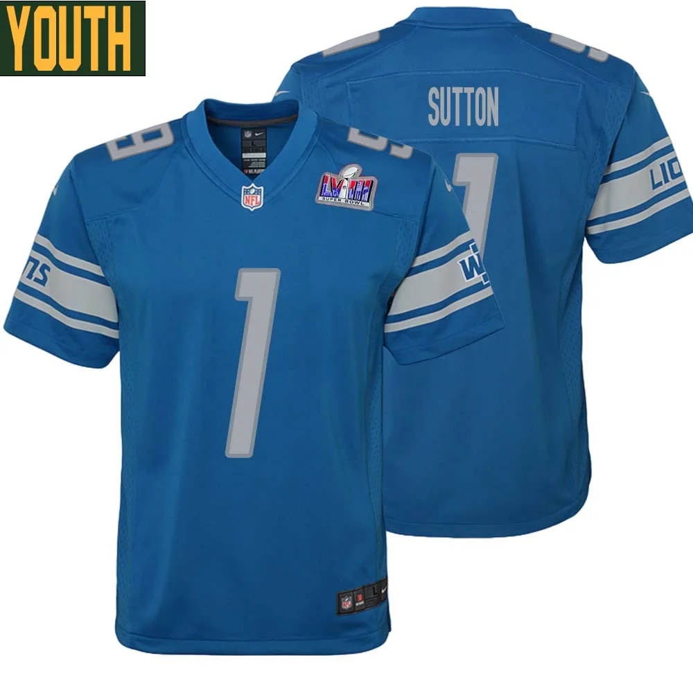 Cameron Sutton No 1 Youths Custom Blue Detroit Lions Super Bowl LVIII Player Home Game Jersey