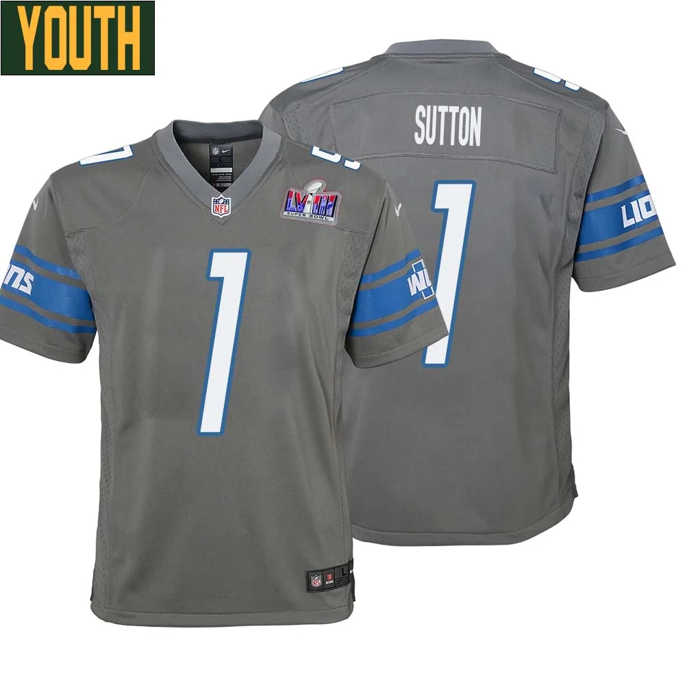 Cameron Sutton No 1 Youths Custom Gray Detroit Lions Alternate Super Bowl LVIII Game Jersey