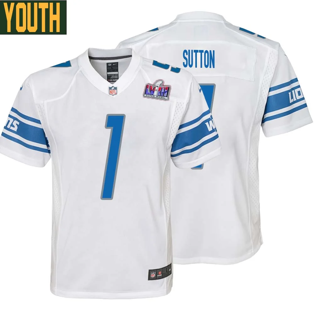 Cameron Sutton No 1 Youths Custom White Detroit Lions Super Bowl LVIII Away Game Jersey