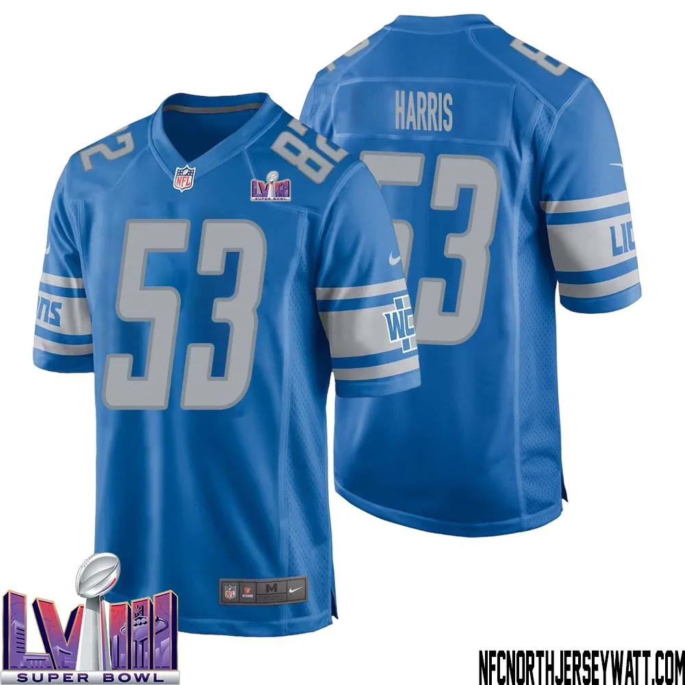 Charles Harris No 53 Men Blue Detroit Lions Player Super Bowl LVIII Home Game Jersey 1