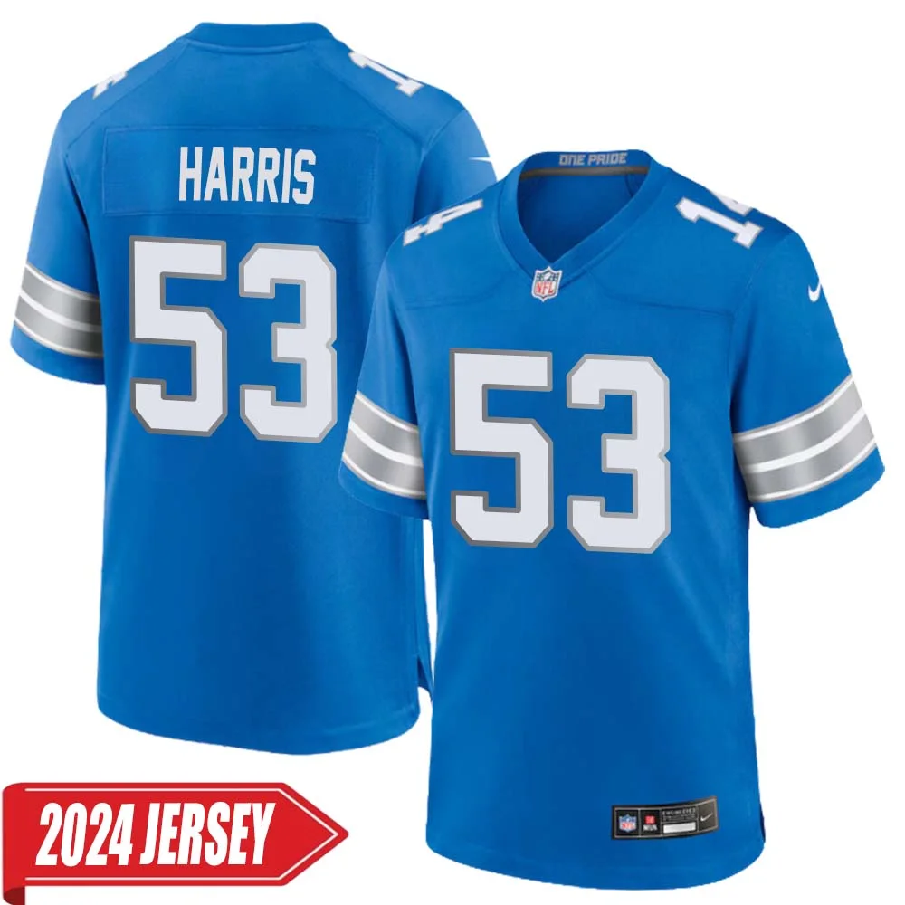 Charles Harris No 53 Men s Detroit Lions Home Game 2024 Jersey Blue