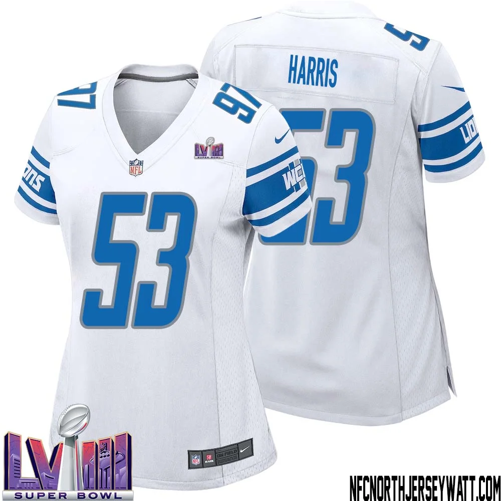 Charles Harris No 53 Women White Detroit Lions Player Super Bowl LVIII Away Game Jersey