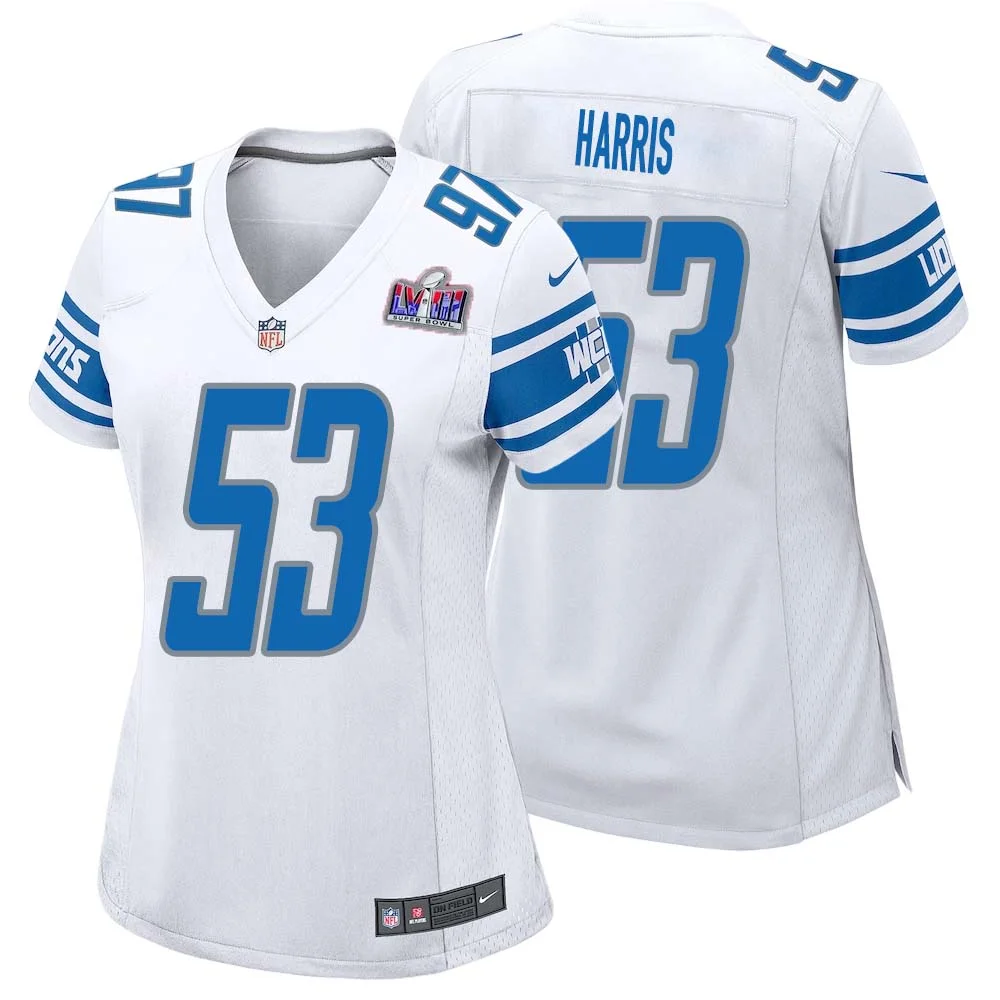 Charles Harris No 53 Womens Custom White Detroit Lions Super Bowl LVIII Away Game Jersey