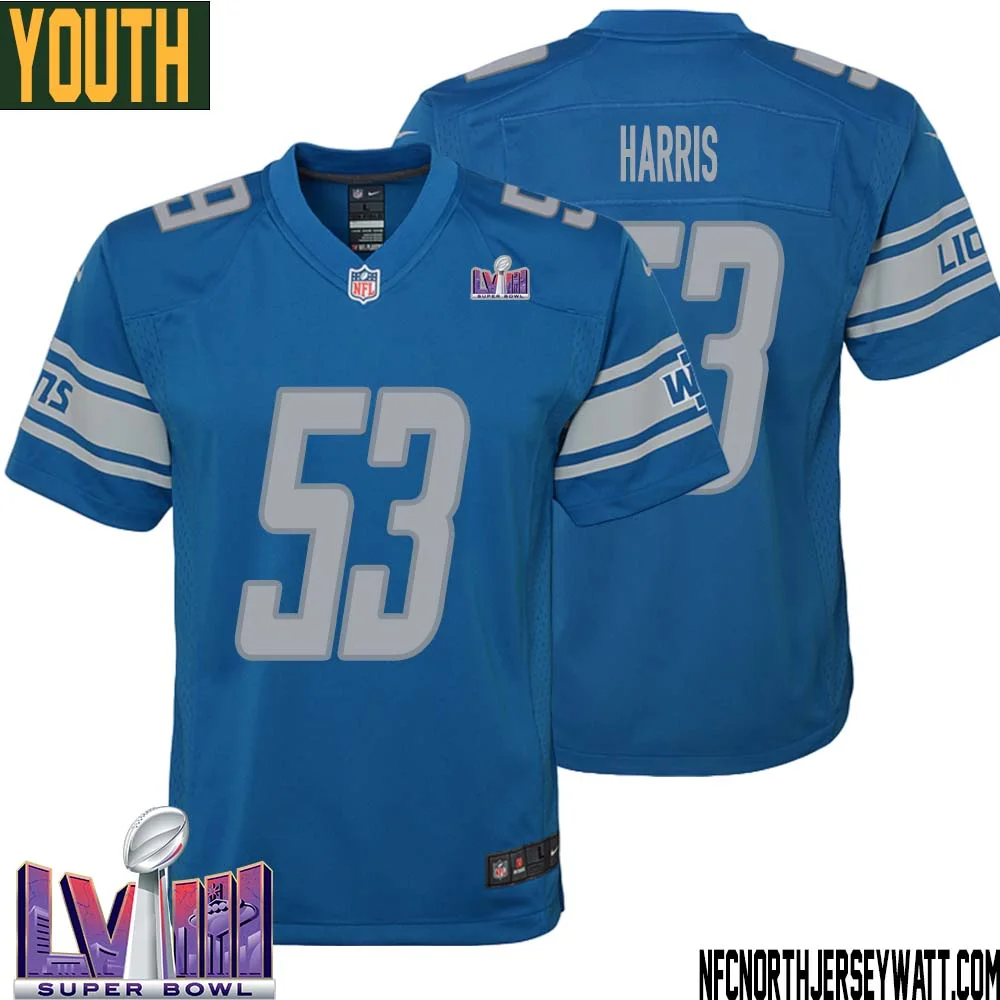 Charles Harris No 53 Youth Blue Detroit Lions Player Super Bowl LVIII Home Game Jersey 1