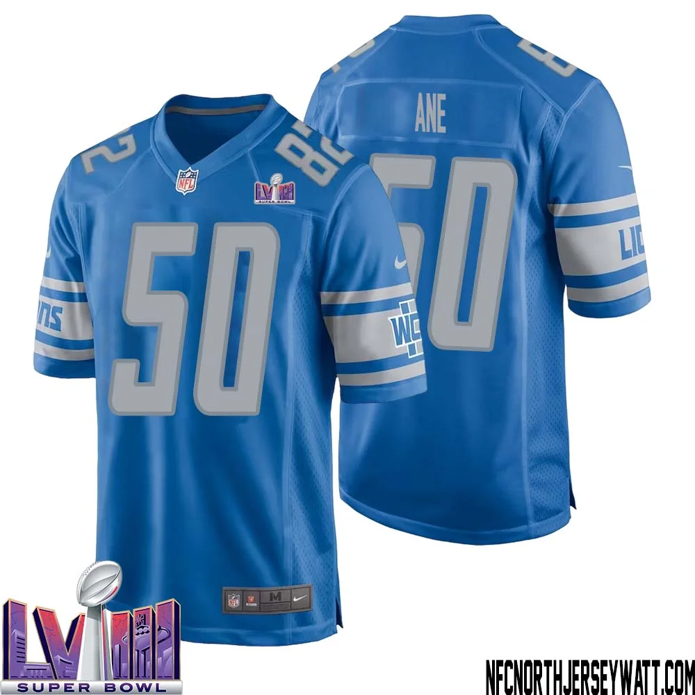 Charlie Ane No 50 Men Blue Detroit Lions Player Super Bowl LVIII Home Game Jersey