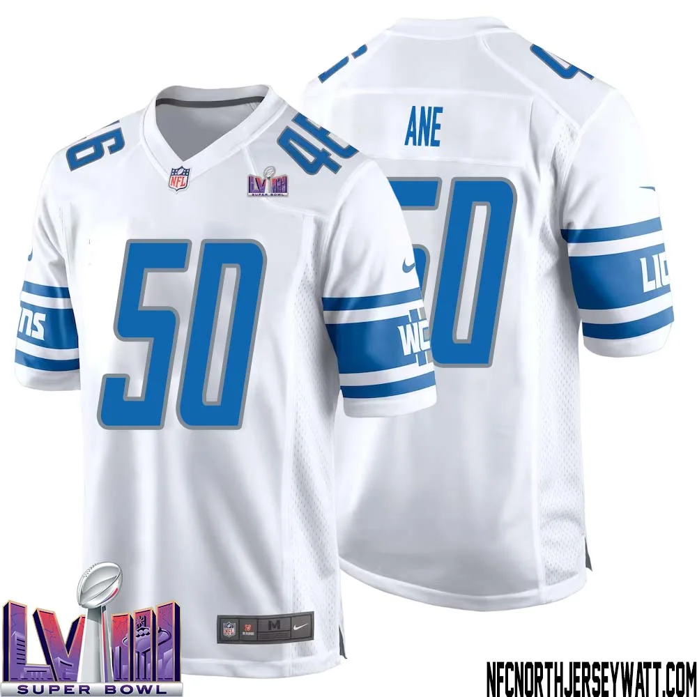 Charlie Ane No 50 Men White Detroit Lions Player Super Bowl LVIII Away Game Jersey 1