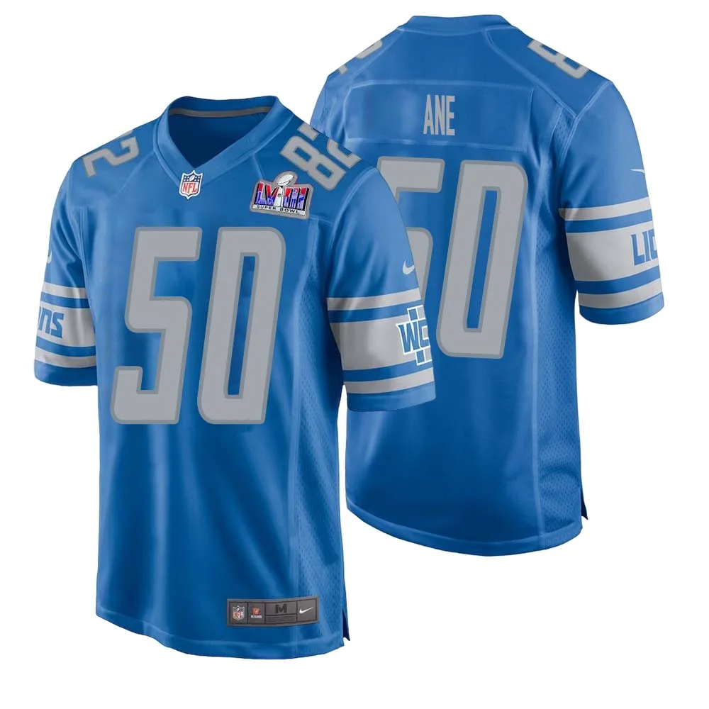 Charlie Ane No 50 Mens Custom Blue Detroit Lions Super Bowl LVIII Player Home Game Jersey