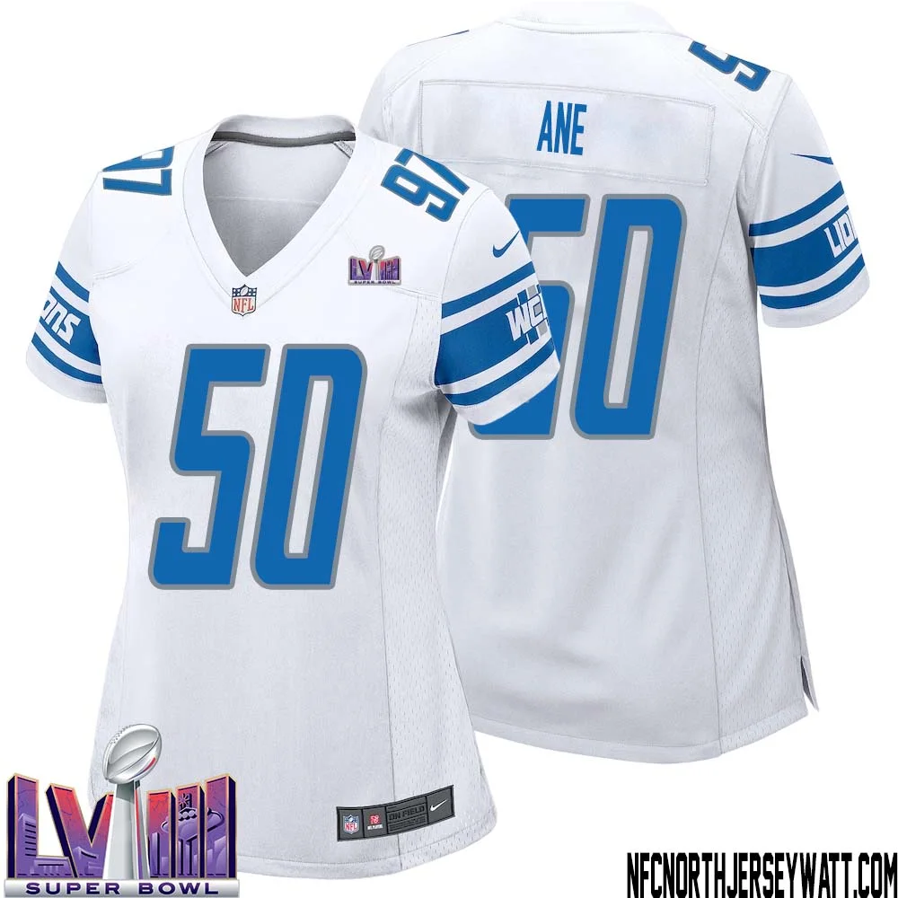 Charlie Ane No 50 Women White Detroit Lions Player Super Bowl LVIII Away Game Jersey