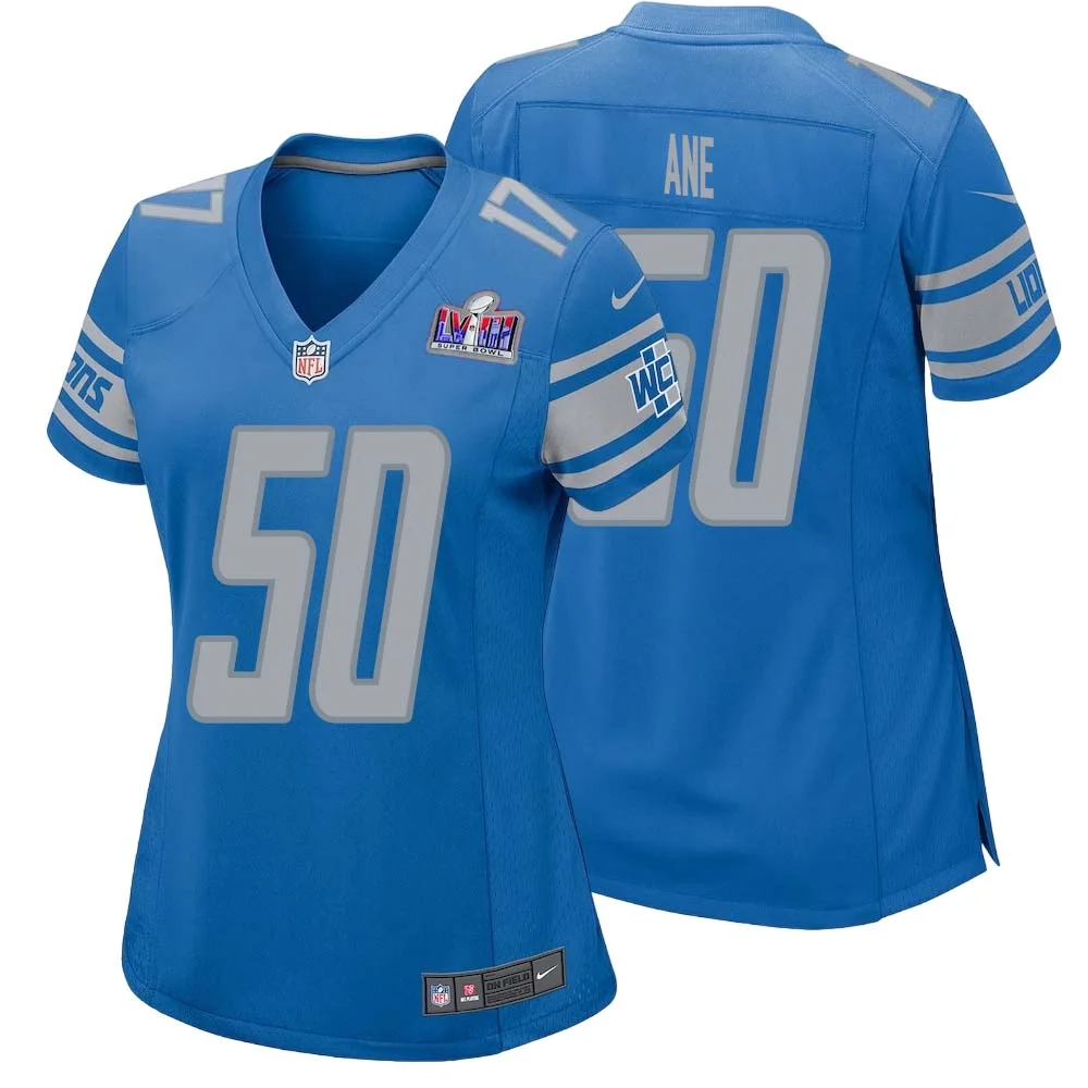 Charlie Ane No 50 Womens Custom Blue Detroit Lions Super Bowl LVIII Player Home Game Jersey