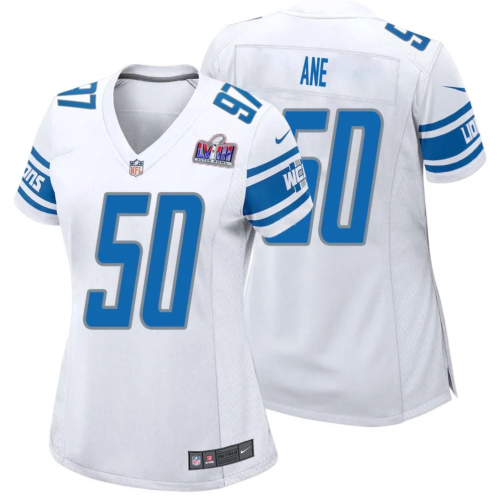 Charlie Ane No 50 Womens Custom White Detroit Lions Super Bowl LVIII Away Game Jersey