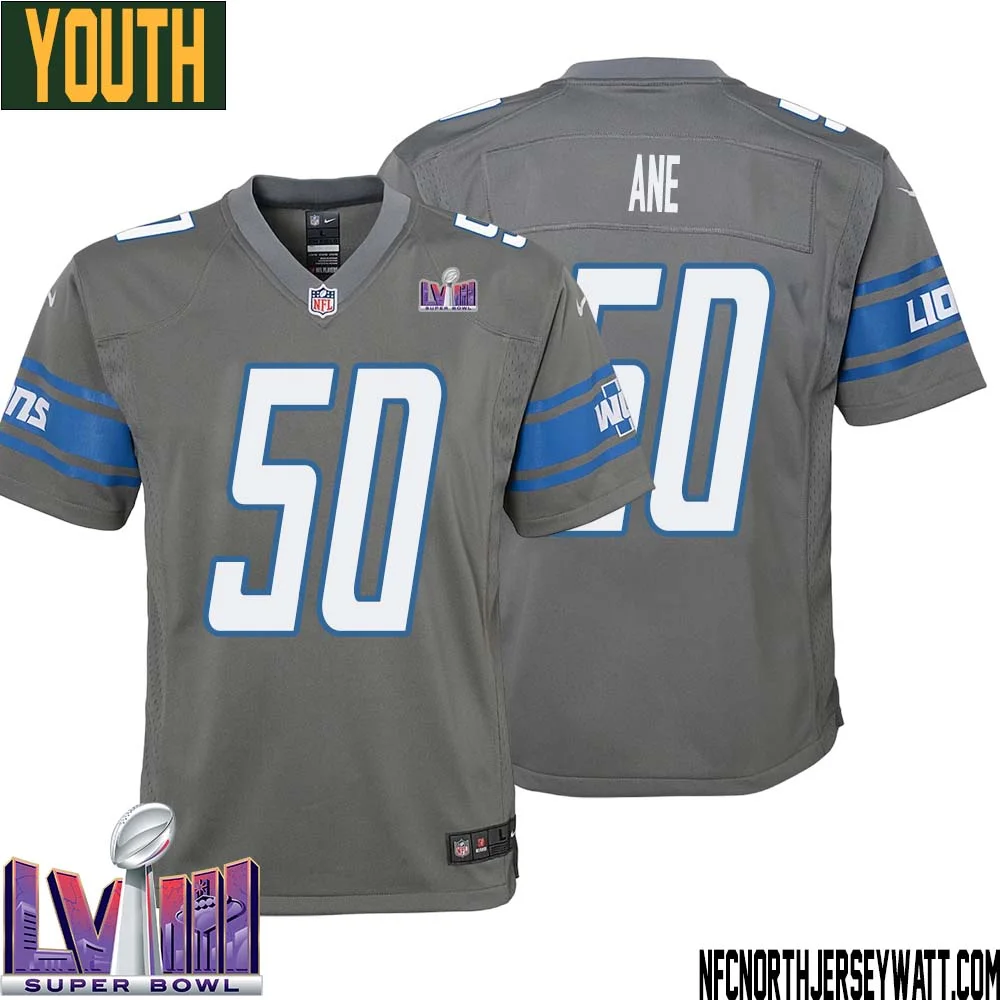 Charlie Ane No 50 Youth Grey Detroit Lions Player Super Bowl LVIII Alternate Game Jersey 1