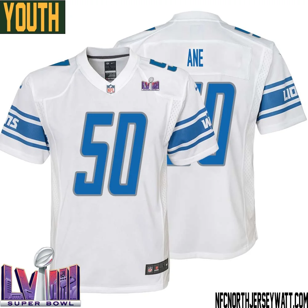 Charlie Ane No 50 Youth White Detroit Lions Player Super Bowl LVIII Away Game Jersey
