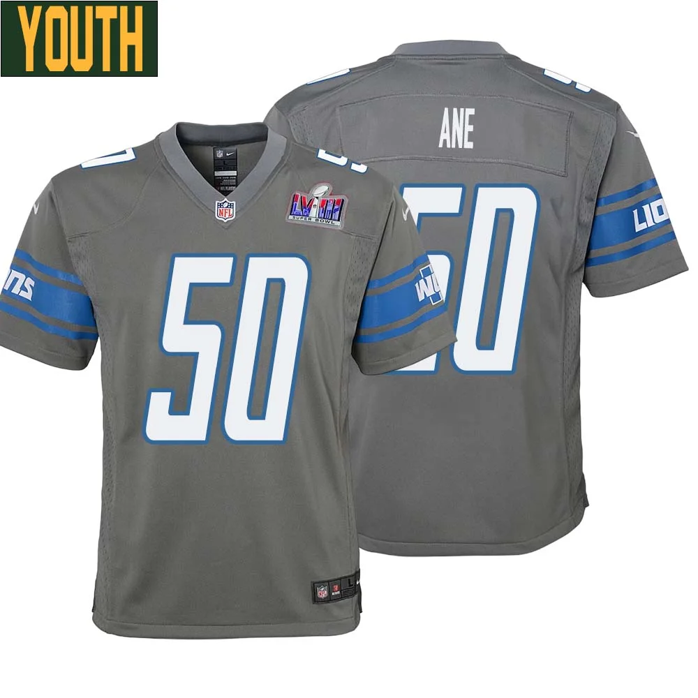 Charlie Ane No 50 Youths Custom Gray Detroit Lions Alternate Super Bowl LVIII Game Jersey